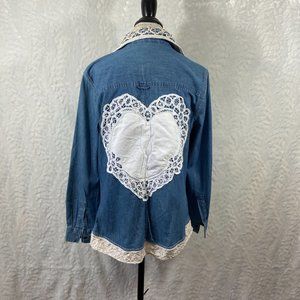 Denim Upcycled Redesigned Lace Heart Recycled button up western shirt